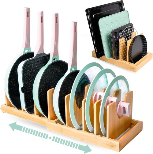 Bamboo Pots and Pans Organizer - Expandable Under Cabinet Storage for Bakeware & Cutting Boards | Adjustable Lid Holder