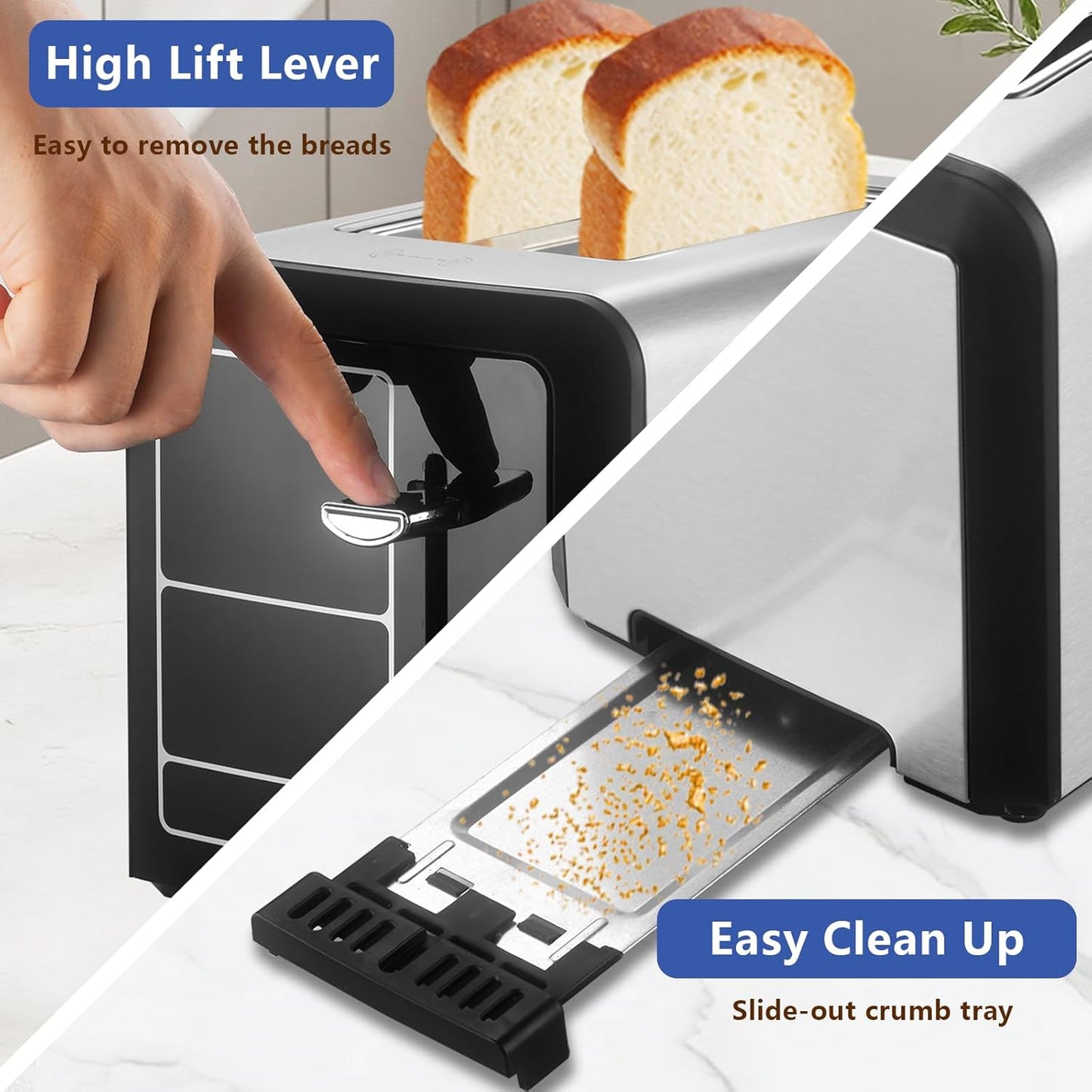 SAKAMOSH 2-Slice Toaster - Smart Digital Display with 6 Browning Levels & 1.3" Wide Slots - Stainless Steel, 800W