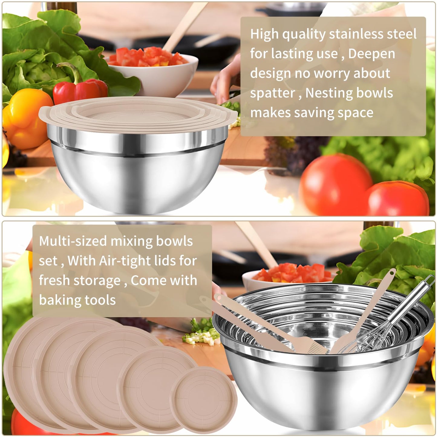 WEPSEN Mixing Bowls Set, 25PCS Khaki Mixing Bowls With Lids Set Stainless Steel Kitchen Large Nesting Metal Bowl 7QT to 1.5QT, Measuring Cups and Spoons for Prepping Cooking Serving