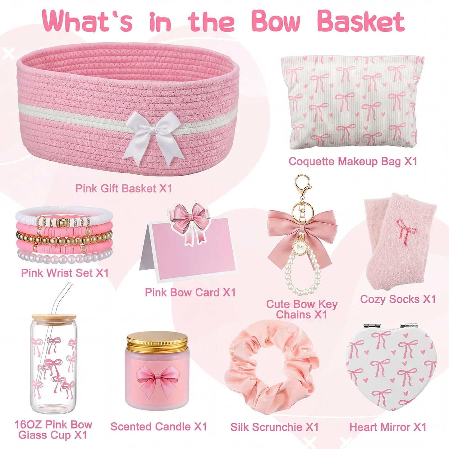 Willinglong 10 Pcs Gift Basket for Teen Girl Coquette Pink Bow Basket Stuffers for Women Coquette Bow Birthday Gift Box for Sister Daughter Friends