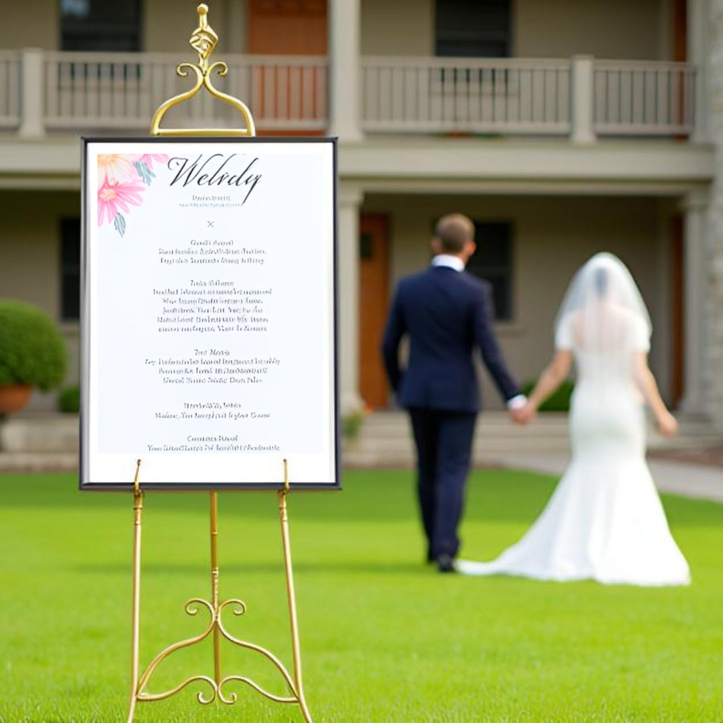 CaliDecor 58.5” H Gold Easel Stand for Sign, Large Adjustable Metal Display Standing for Displaying Pictures Wedding Poster Holder Showcasing with Chain Support