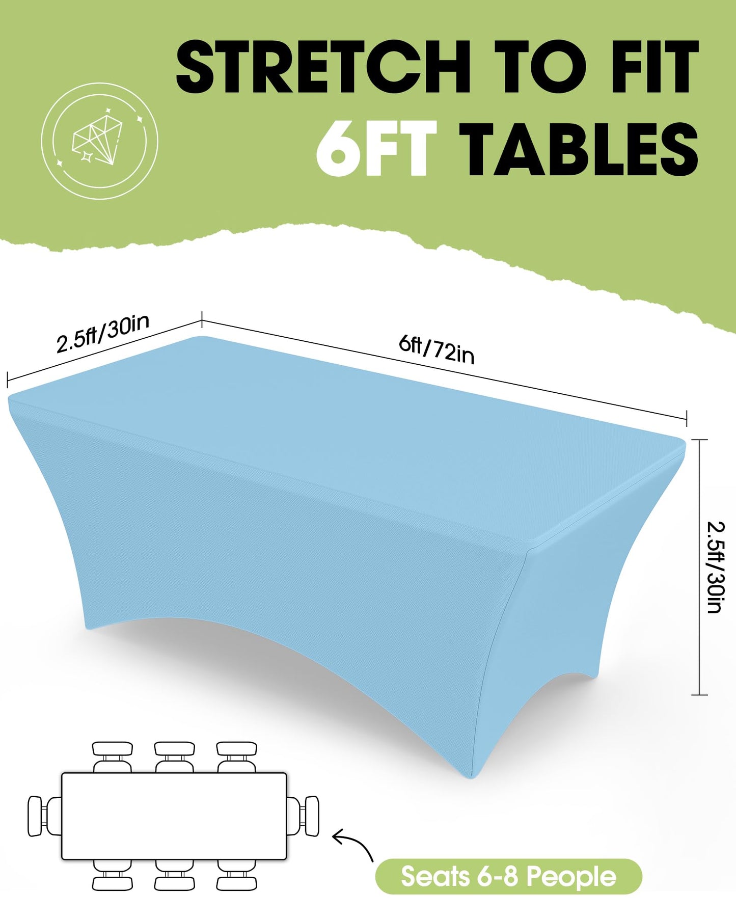 Pureegg Spandex Tablecloth 6ft - 2 Pack, Fitted and Tight Cloth for Rectangle Table, Wrinkle-Free and Stretch Table Cover for Party, Wedding, Banquet and Birthday, Blue Mist