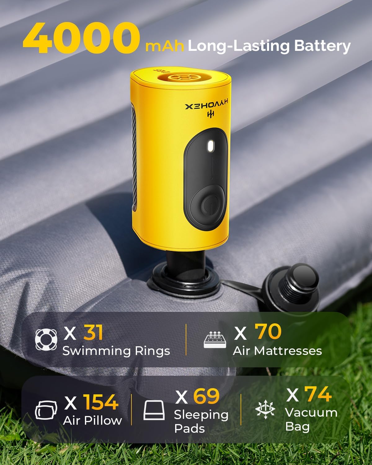 Skiennix Portable Air Pump - 4000mAh Ultra-Fast Electric Inflator with 3 Nozzles for Inflatables