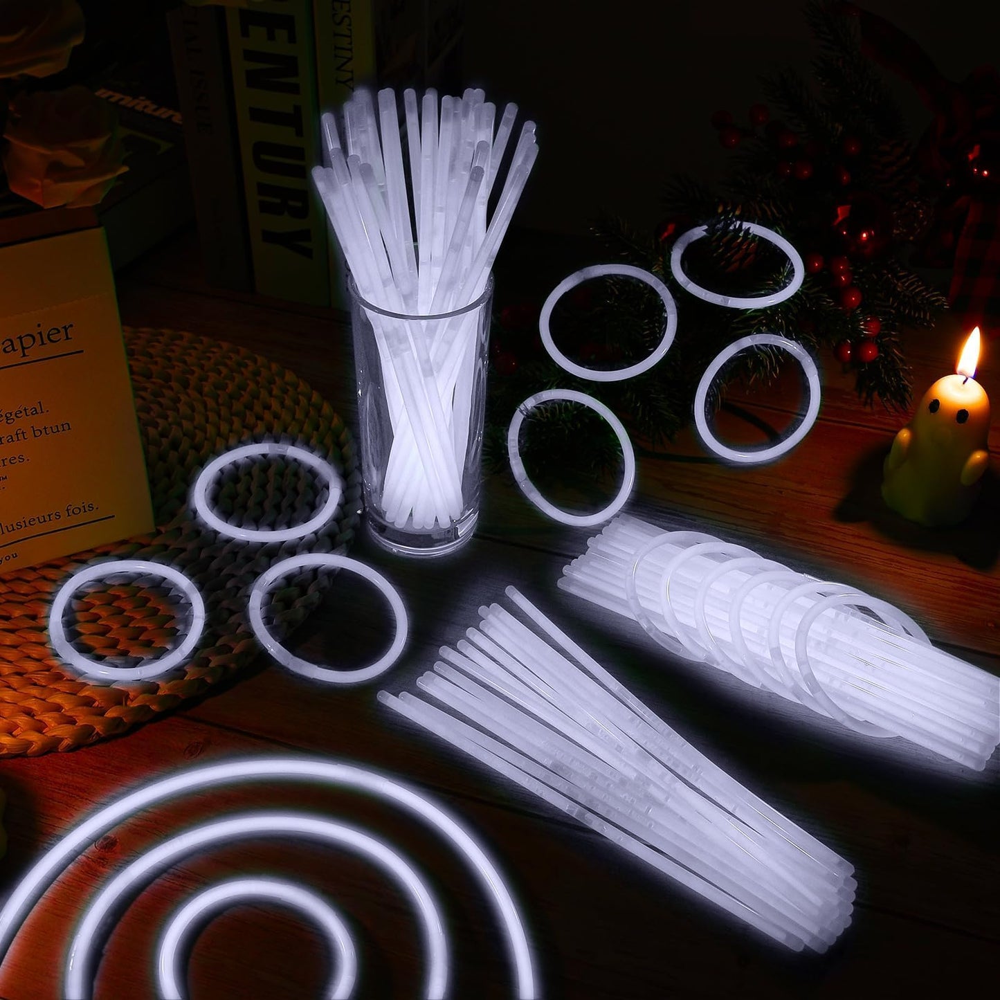 Taikula 200 Pack 8'' Glow Sticks Bulk Party Favors White Light Up Sticks with Connectors Neon Glow in the Dark Party Supplies Bracelets for Holiday Birthday Party Decoration(White)