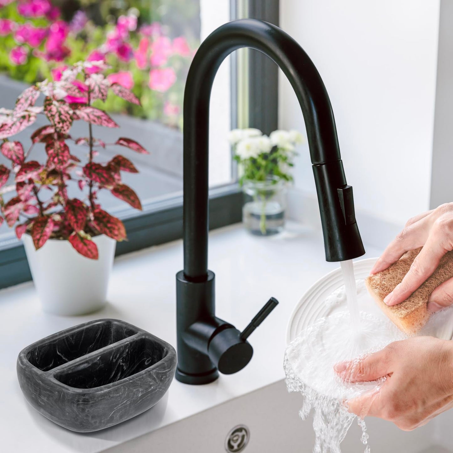 MyGift Modern Premium Clear Acrylic Sponge Holder for Kitchen Sink, Counter Dual Sponge Storage Rack, Countertop Caddy with 2 Compartments for Dish Cleaning Sponges or Scrubbing Pads