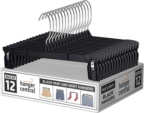 Hanger Central 12 Inch Slim Plastic Pants Hangers - Heavy Duty Space-Saving Clips for Skirts & Shorts - Black