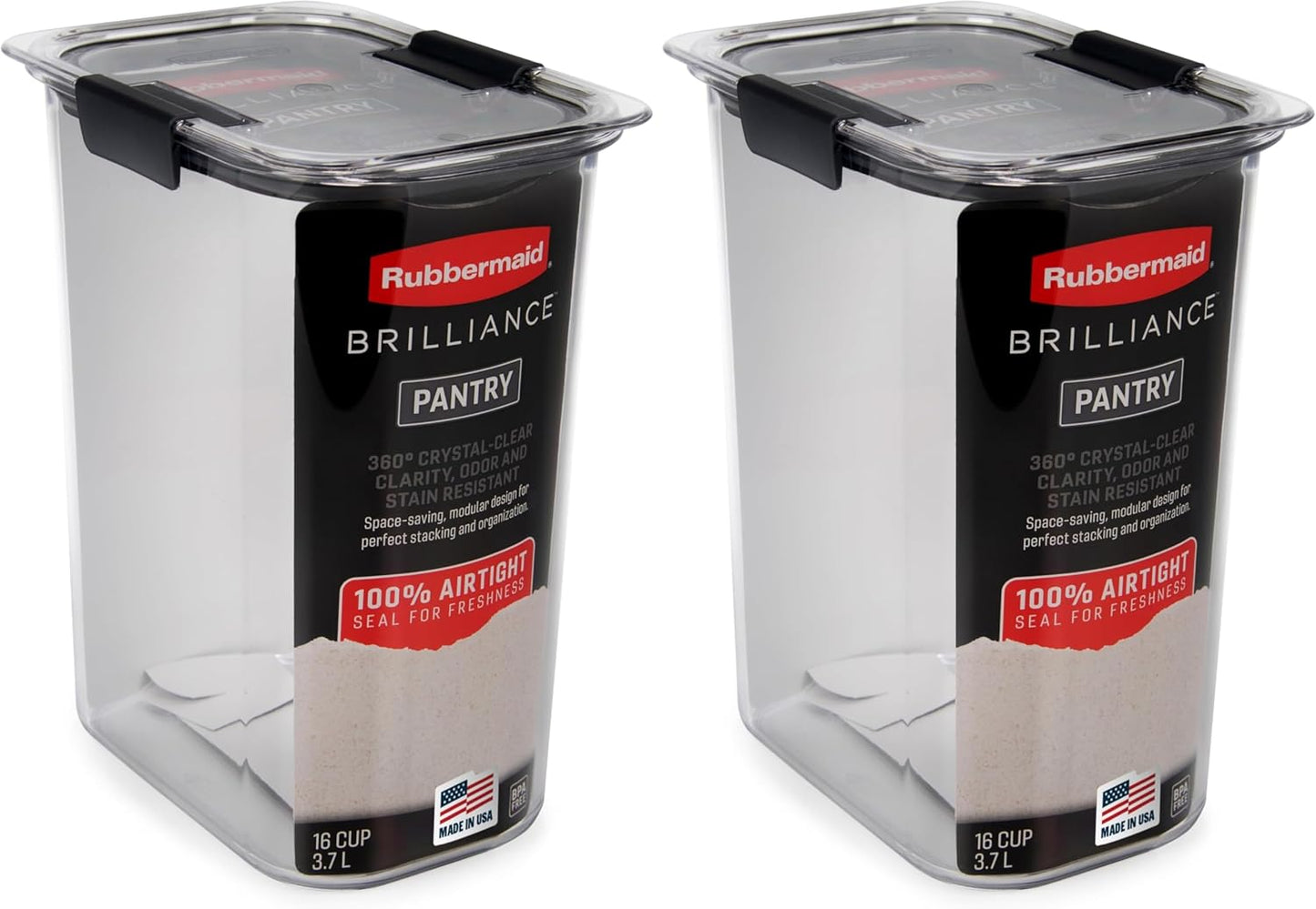 Rubbermaid Brilliance Food Storage Container - 16-Cup Airtight Design | Clear/Grey | Set of 2 for Pantry Organization