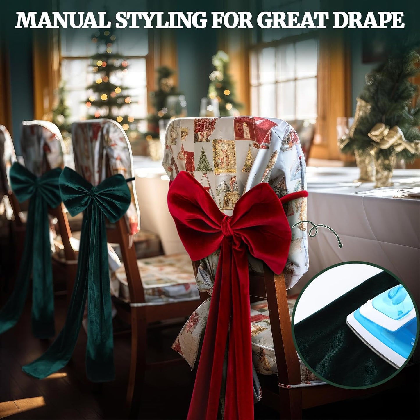 Suncalla Velvet Chair Bows - 4 Pcs Red & Green 12 x 43 Inch Elegant Sashes for Weddings & Parties