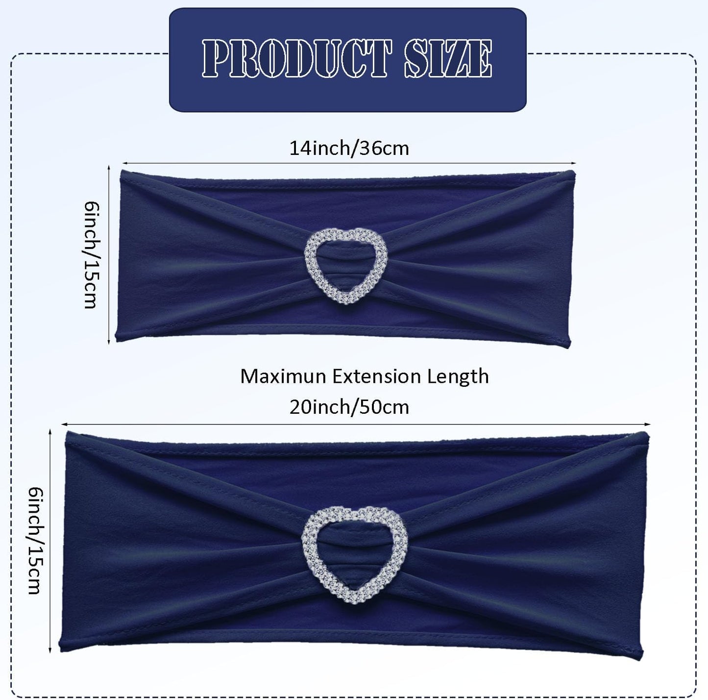 Skiennix Navy Blue Chair Sashes - 30 Pack Elastic Chair Bands with Heart Buckle for Weddings & Parties