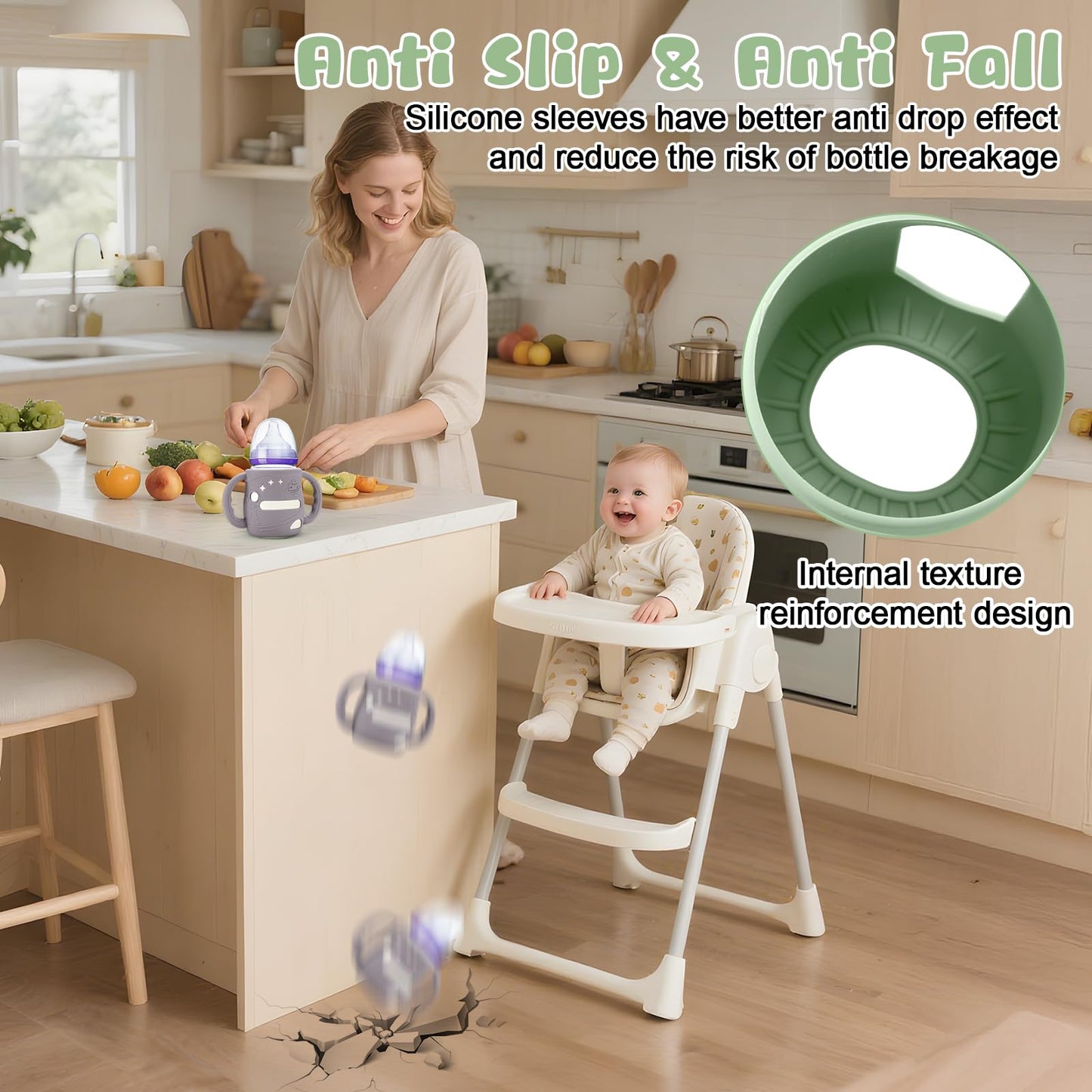Mity rain3 Pack Silicone Sleeves with Lansinoh Bottle Handles for Lansinoh NaturalWave 5 oz Wide Baby Bottles - Anti-Breakage Protector & Anti-Colic Bottle Holder(Other Products Cannot be adapted)