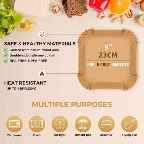 Boribim 9 Inch Air Fryer Paper Liners, 360 PCS Square Air Fryer Disposable Liners - AirFryer Accessories - Non-Stick and Oil Proof Air Fryer Parchment Paper Liners for 6-10QT Basket Oven Microwave
