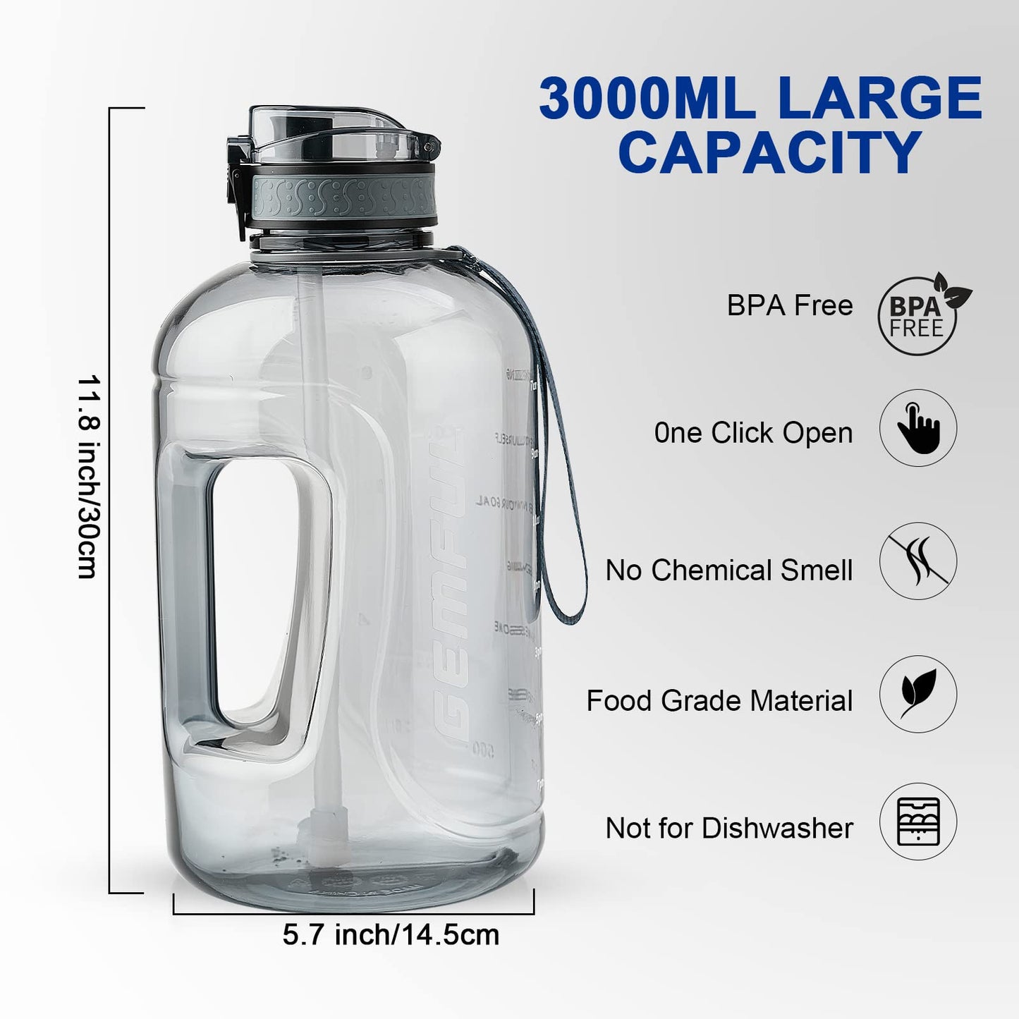 GEMFUL 3 Liter Water Bottle with Straw Time Marker Large 101oz BPA-Free Leakproof Jug for Gym Sports Hiking Motivational Tracking for Men Women (Grey with Removable Straw)