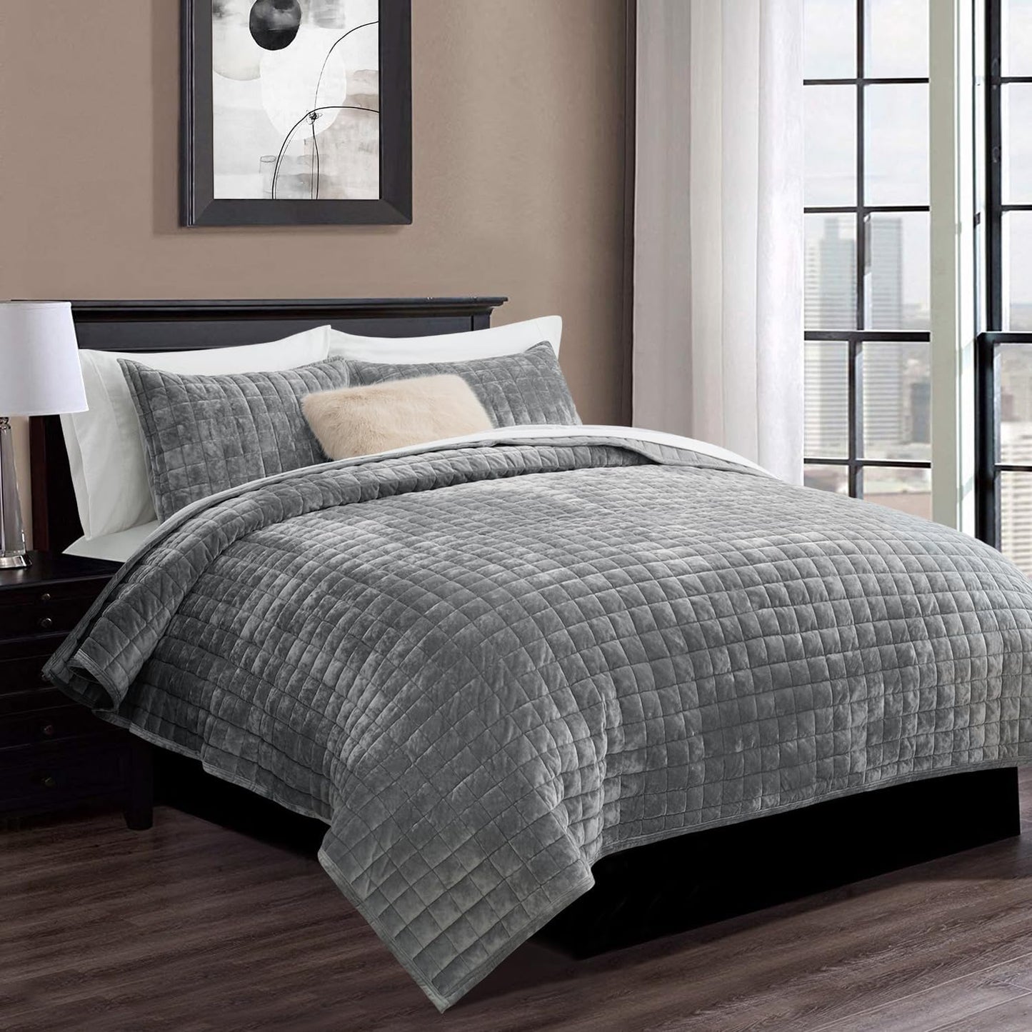 RECYCO Luxury Velvet Quilt Set - King Size Lightweight Comforter with 2 Matching Pillow Shams | Gray All-Season Bedding