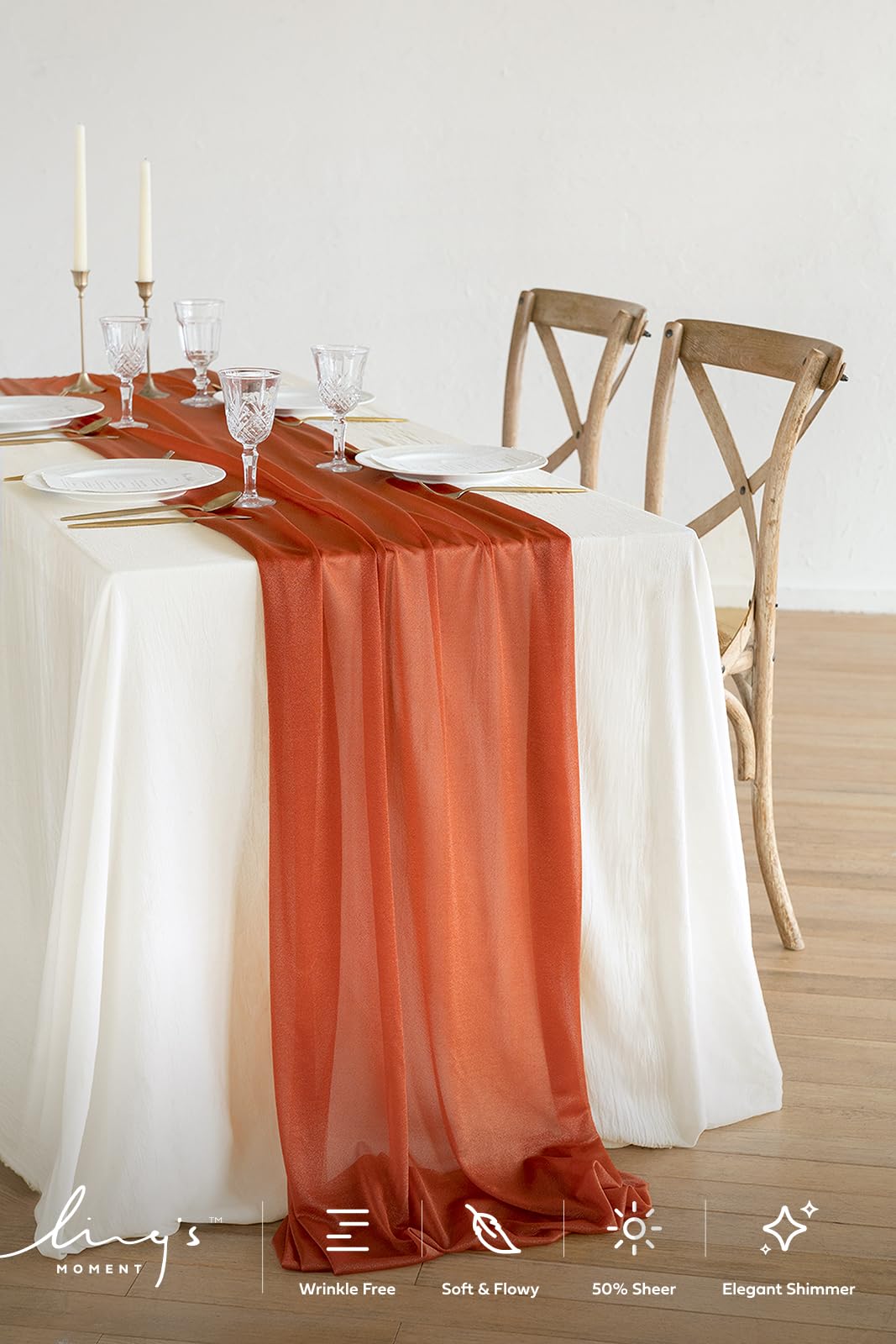 Ling's Moment 10Ft Burnt Orange Sheer Chiffon Table Runner Terracotta Tablecloth Rust Linens with Silver Sparkle for Wedding Rustic Boho Party Bridal Shower Decorations Birthday Party Fall Decor