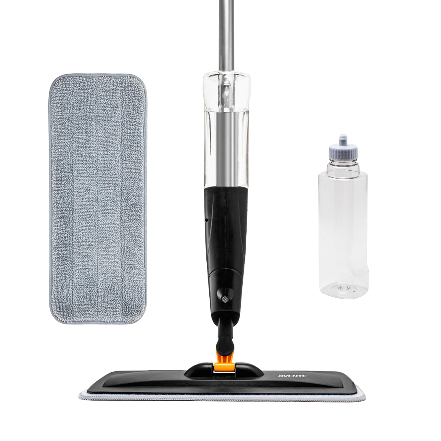 OVENTE Microfiber Spray Mop for Floor Cleaning with Refillable Bottle, Washable and Reusable Pad, 360° Spin Flat Cordless Wet Scrubber for Hardwood, Ceramic, Laminate and Vinyl Tiles, Black CTM121BGD