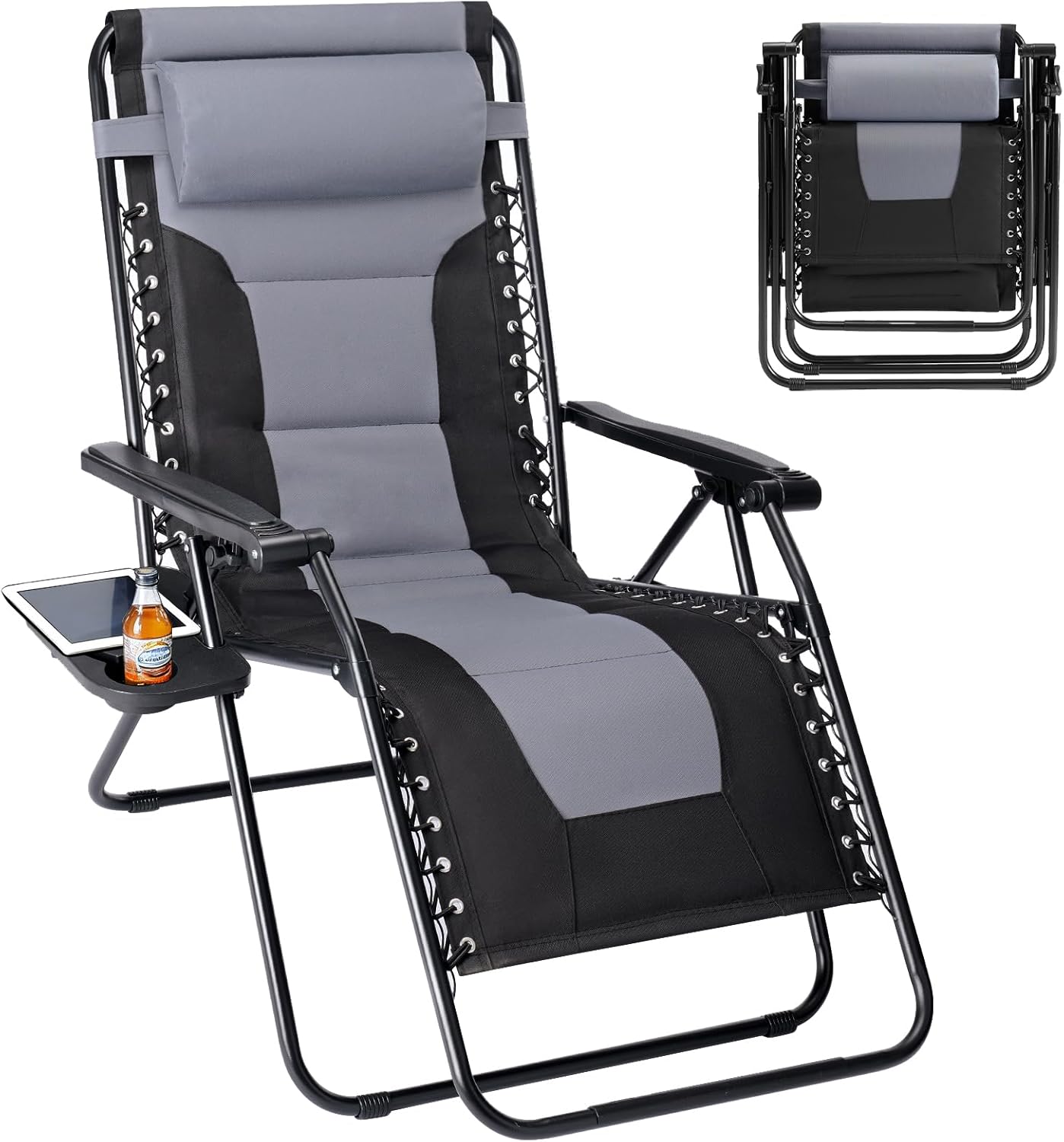 Sweetcrispy Zero Gravity Chairs - Oversized Foldable Patio Recliners with Adjustable Pillow & Cup Holder | Supports 400 lbs (Black-Gray)