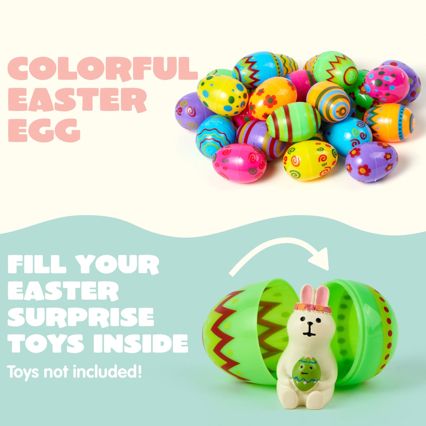 JOYIN 36PCS 2.3" Printed Empty Plastic Eggs Fillable, Bright Colorful Plastic Eggs Bulks for Festival Hunt, Filling Treats, Party Favor, Basket Stuffers, Classroom Prize Supplies