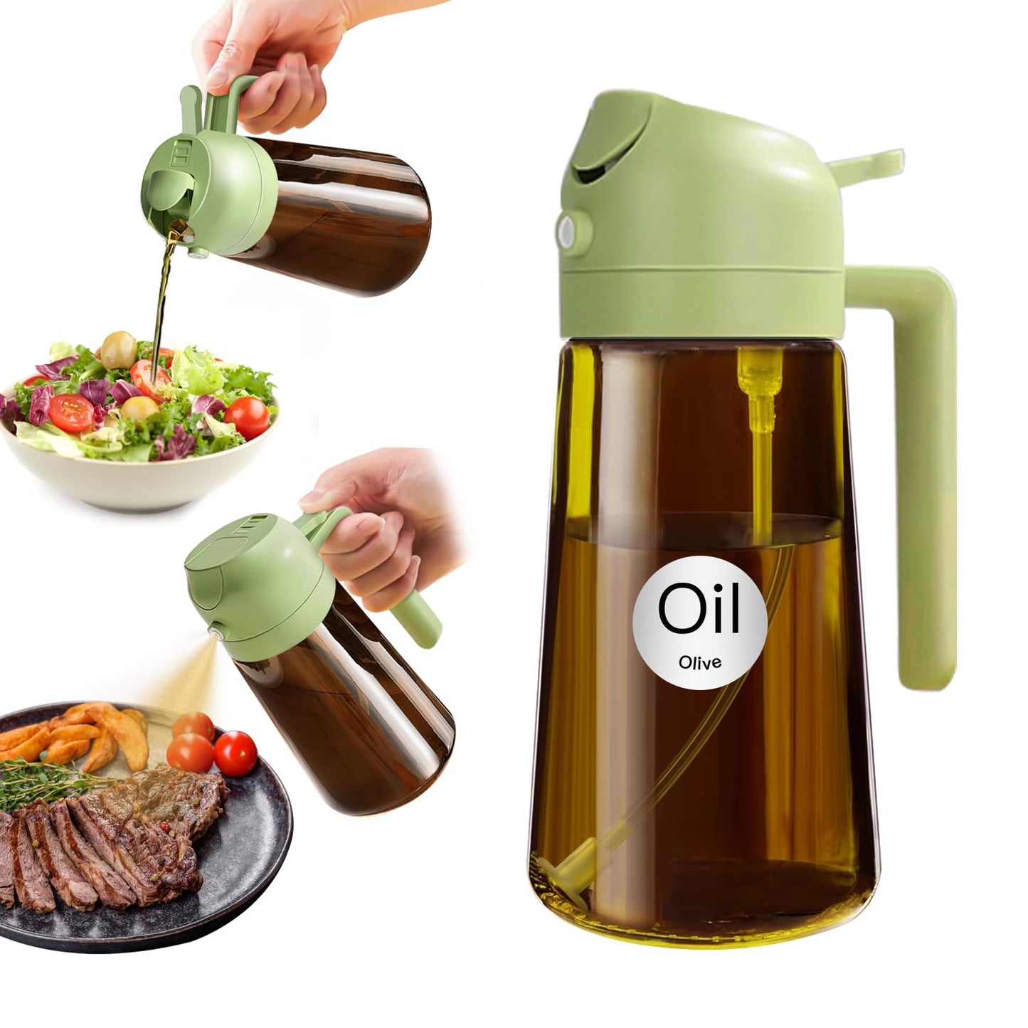 YARRAMATE 16oz/470ml Light Blocking Oil Sprayer for Cooking with Stickers, Food-Grade 2 in 1 Olive Oil Dispenser Bottle for Kitchen, Premium Dark Amber Glass Oil Bottle for Air Fryer, BBQ(Green)