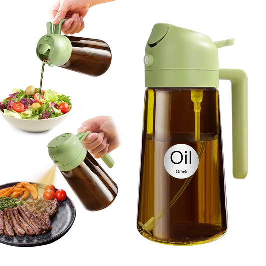 YARRAMATE 16oz/470ml Light Blocking Oil Sprayer for Cooking with Stickers, Food-Grade 2 in 1 Olive Oil Dispenser Bottle for Kitchen, Premium Dark Amber Glass Oil Bottle for Air Fryer, BBQ(Green)