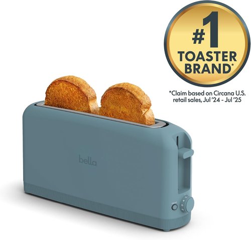 Bella 2 Slice Slim Toaster - 6 Setting Shade Control & Reheat Function - 10” Long Slot, Surf Color