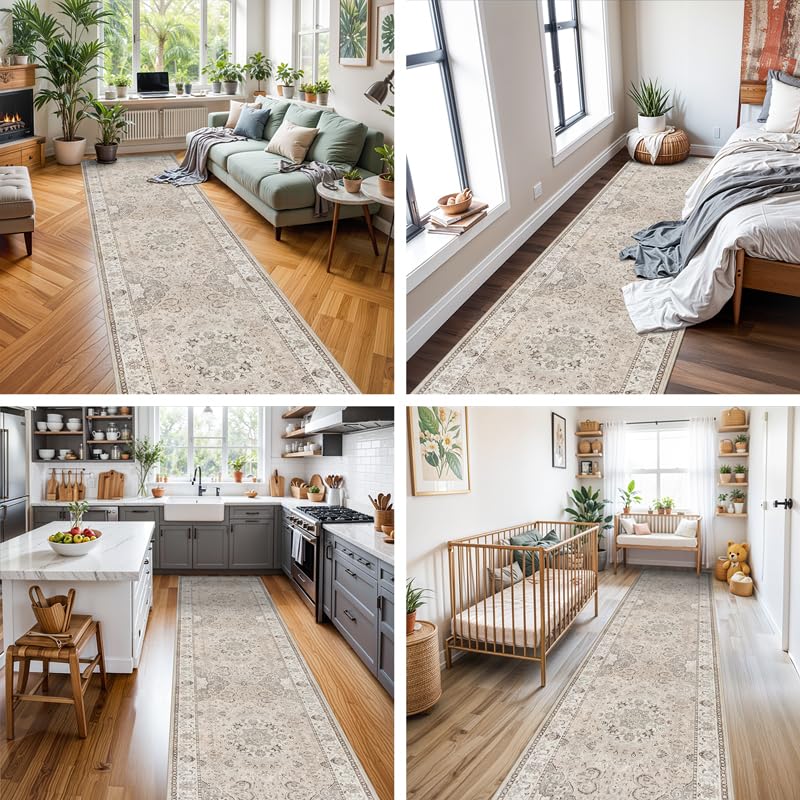 HY HAO YUN LAI 3' x 10' Beige Washable Hallway Runner Rug Non-Slip Indoor Farmhouse Carpet