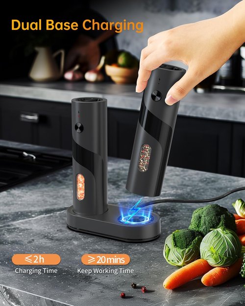 Circle Joy Electric Rechargeable Salt and Pepper Grinder Set - Automatic Mill with Adjustable Coarseness, LED | Easy-Fill Design for Home Kitchen