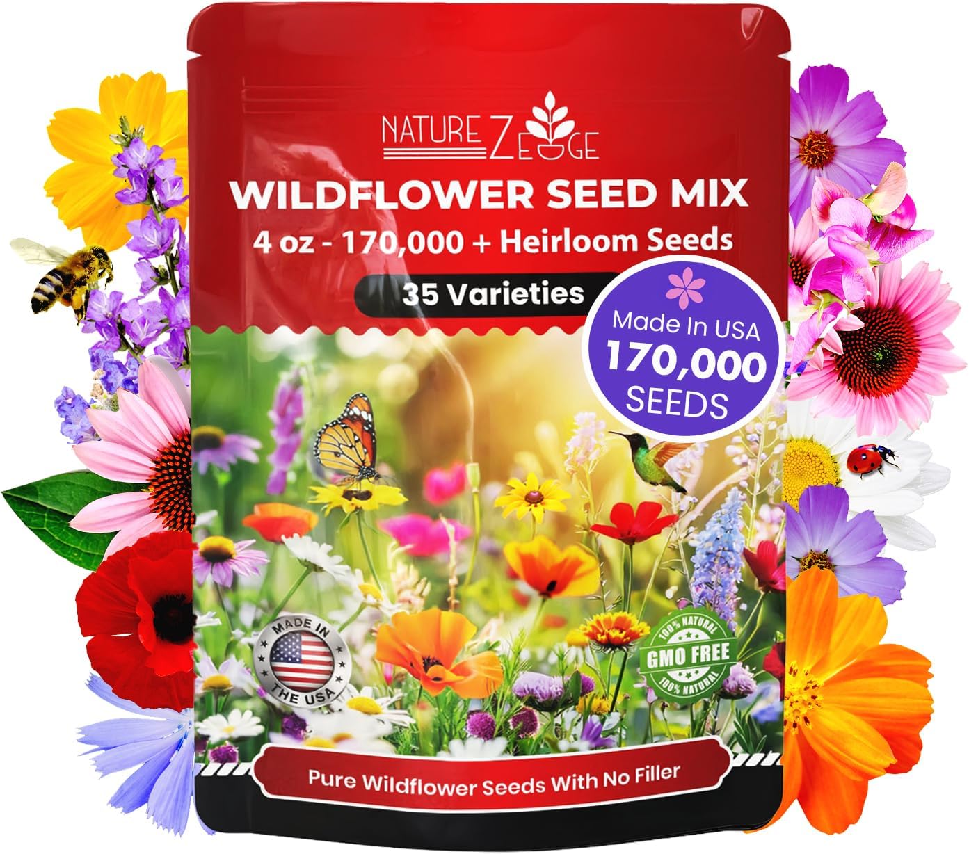 NatureZ Edge Wildflower Seeds Mix - 170,000 Seeds, 35 Varieties of Perennial & Annual Flowers