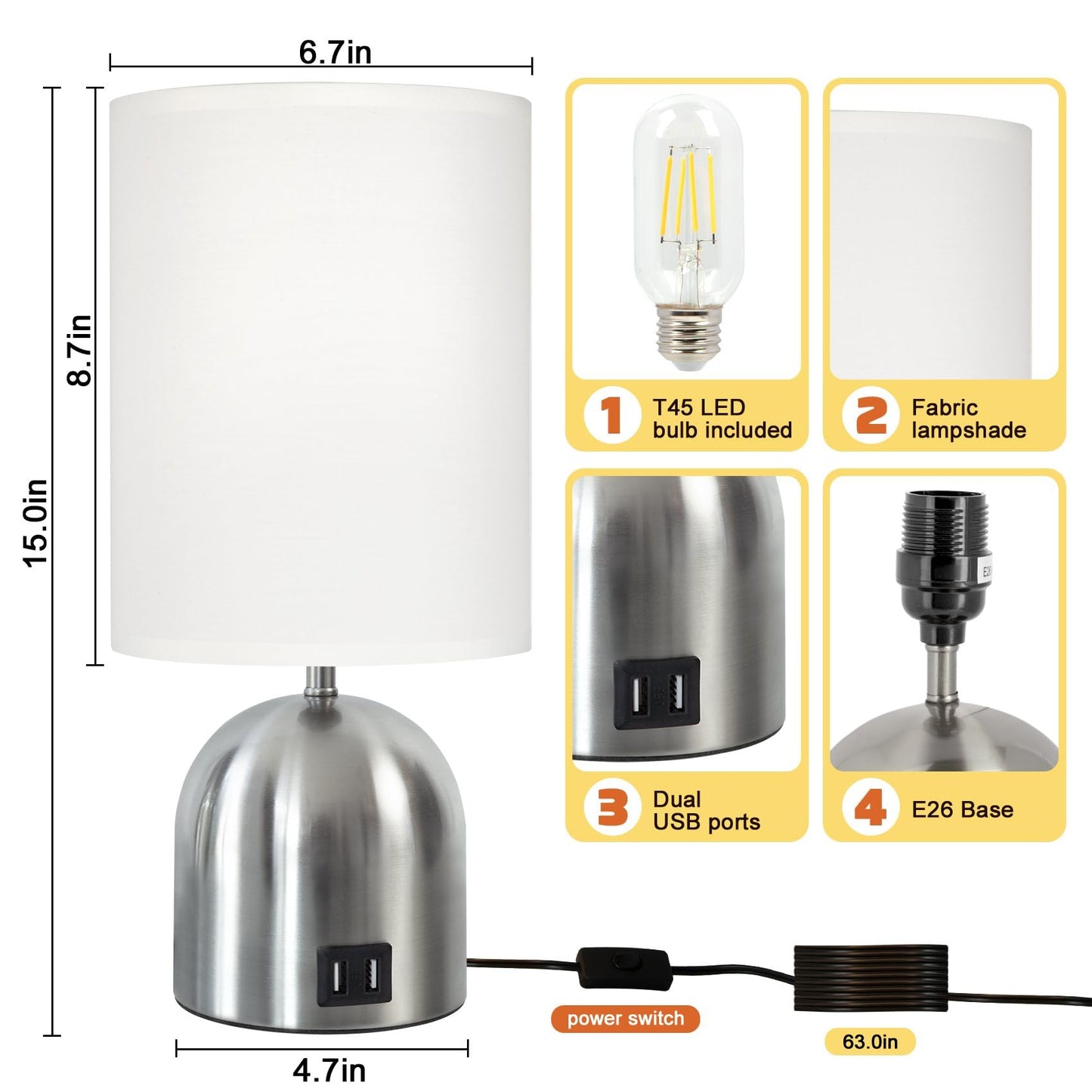 Yacoto Touch Control Table Lamp for Bedroom, 3 Way Dimmable Modern Silver Bedside Lamps with 2 USB Charging Ports with Metal Base Fabric Shade for Nightstand, Office, Living Room(Bulb Included)