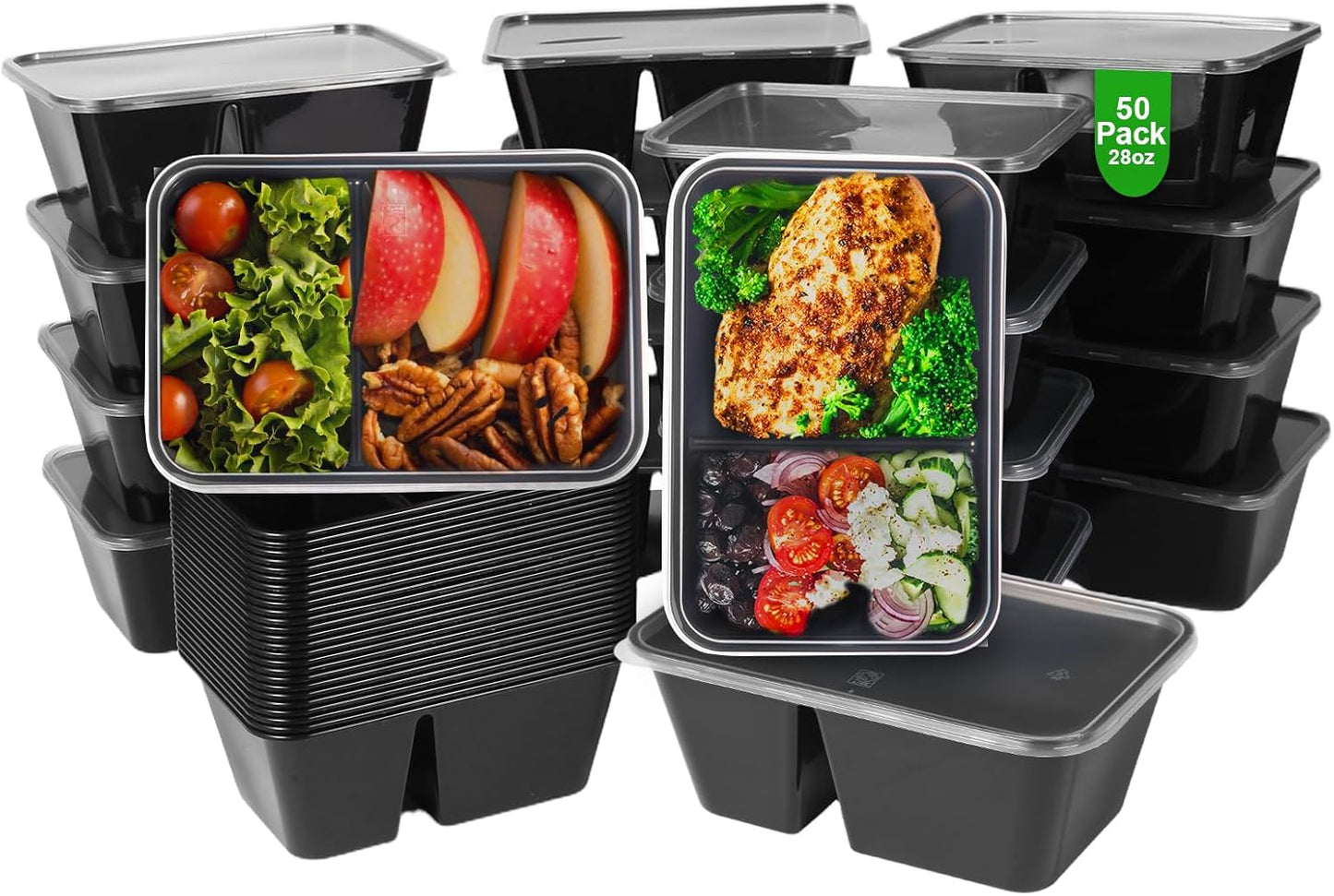 Qewro 32oz Meal Prep Containers - 50 Pack, 2-Compartment, Reusable & Disposable, Microwave Safe