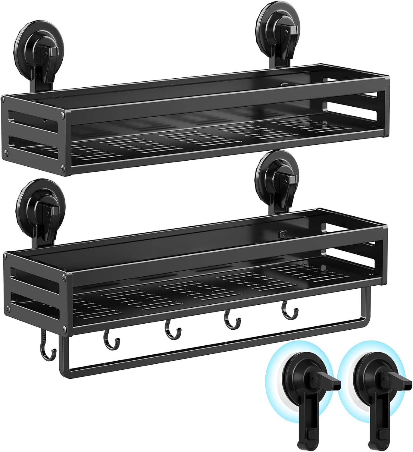 Skiennix Shower Caddy - 15.7 Inch Suction Cup Shelf with Hooks | Rustproof Bathroom Organizer - Black