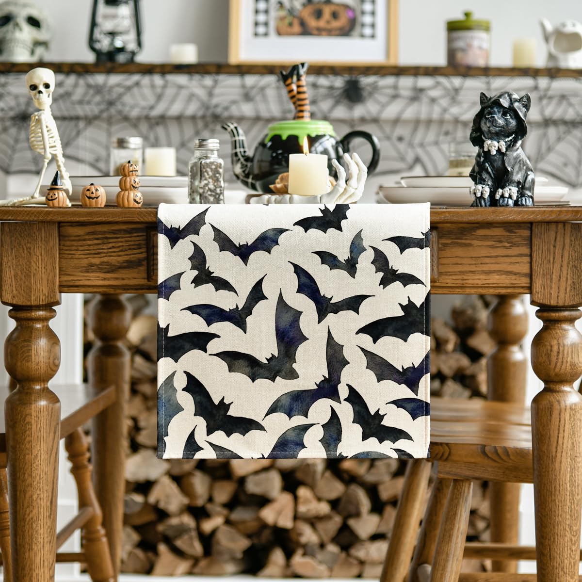 Artoid Mode Silhouette Black Bats Halloween Table Runner, Fall Kitchen Dining Table Decoration for Home Party Decor 13x108 Inch