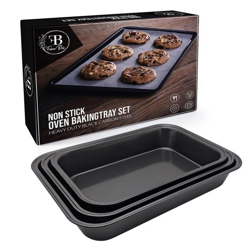 Fusion Bliss Nonstick Baking Sheets Set – 3-Piece Heavy Duty Carbon Steel Oven Pans for Roasting & Cookie Baking – Deep Rimmed Cookie Sheet Pan Set – Kitchen Cookware Essentials