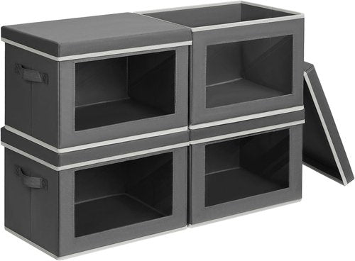 Homsorout Stackable Storage Bins - Large Foldable Closet Organizers with Lids, 4 Pack, Dark Grey