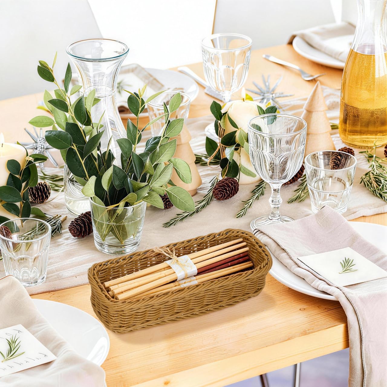 Cabilock 2pcs Wicker Cutlery Basket, Rectangular Woven Storage Bins for Kitchen Drawer, Rattan Utensil Organizer Tray, Flatware Silverware Holder for Dining Table Countertop