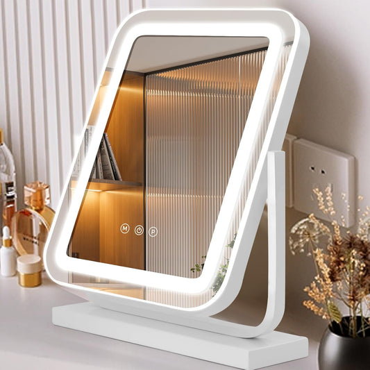 Vanity Mirror with Lights, 12"×15.5" LED Makeup Mirror with Lights, Lighted Makeup Mirror for Bedroom Tabletop, Smart Touch Control, Dimmable 3 Modes Light, 360° Rotation (White)