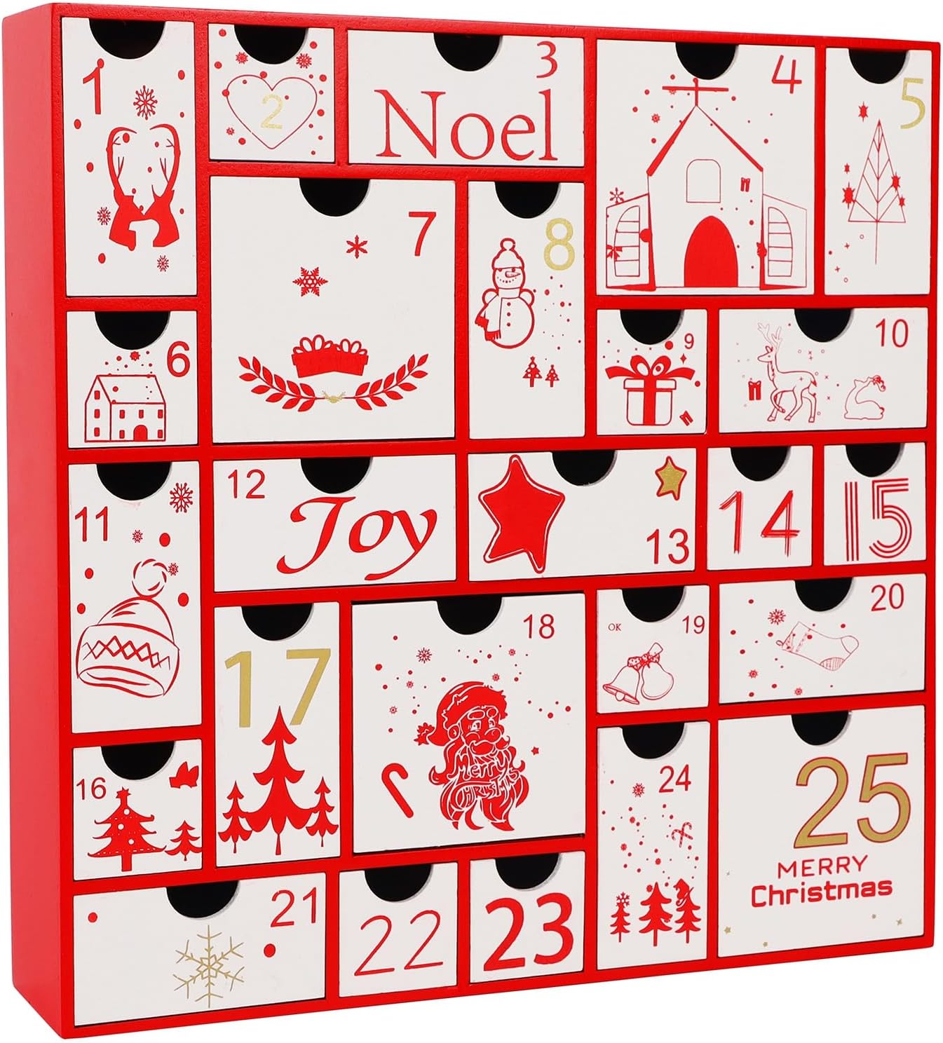 Juegoal Red Advent Calendar - 11.8 Inch Wooden Countdown Calendar with 25 Large Drawers | Hand-Painted Holiday Decor