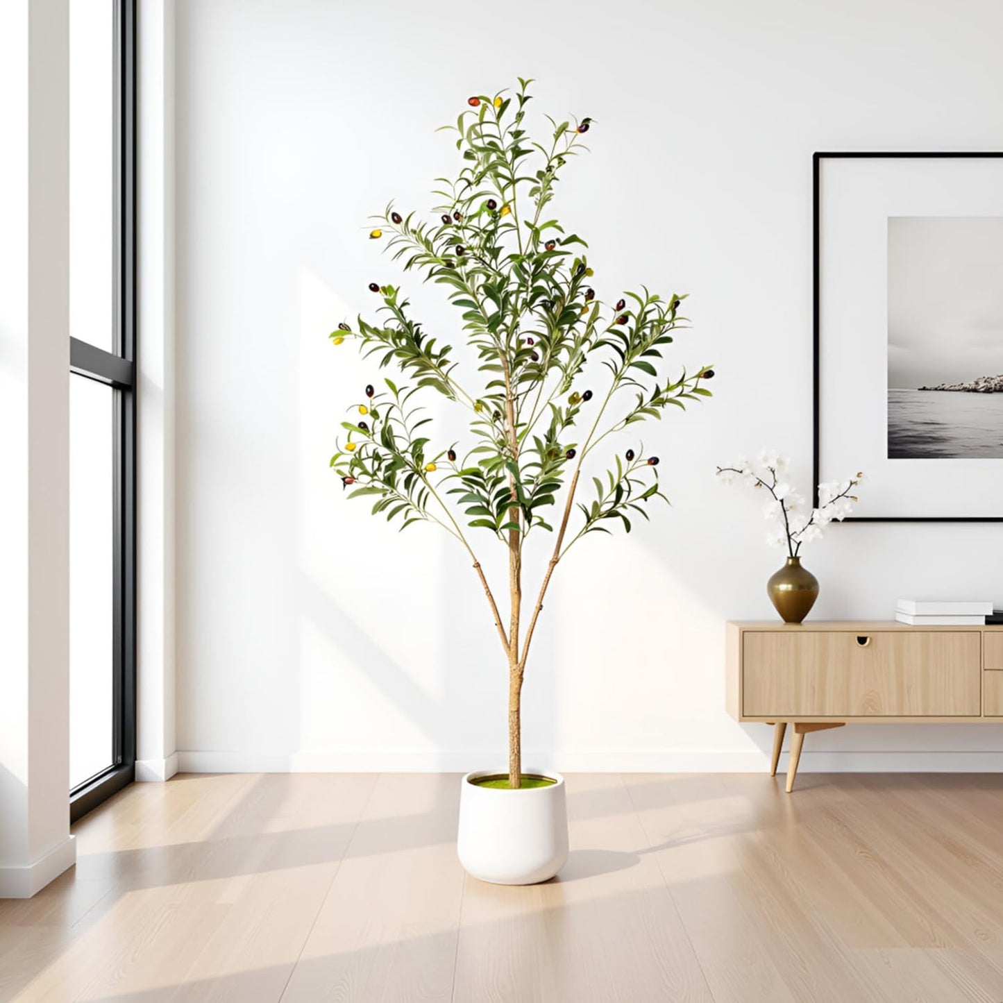 Artizone Artificial Olive Tree with White Pot - Faux Olive Tree for Home Decor, Tall Artificial Plants Indoor, Realistic Trunks Foliage Fruit, Office Decor (5FT)