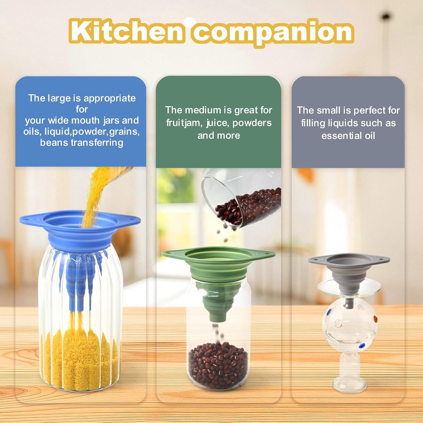 Skiennix Kitchen Funnel Set of 3 - Versatile Silicone Funnels for Easy Liquid Transfer | Small & Large Sizes