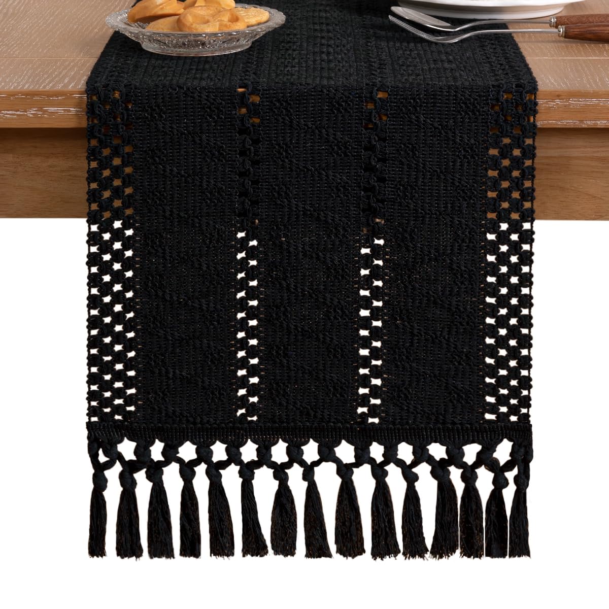 Socomi Boho Table Runner Macrame Long Summer Farmhouse Woven Cotton Linen Rustic Coffee Table Runner with Tassels for Dresser Scarf Home Decor Dining Room 12x108 inch Black