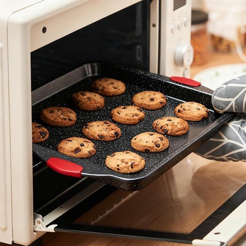 Anveena Nonstick Kitchen Oven Baking Pans - Premium Commercial Grade Bakeware with Red Silicone Handles | 3-Piece Set