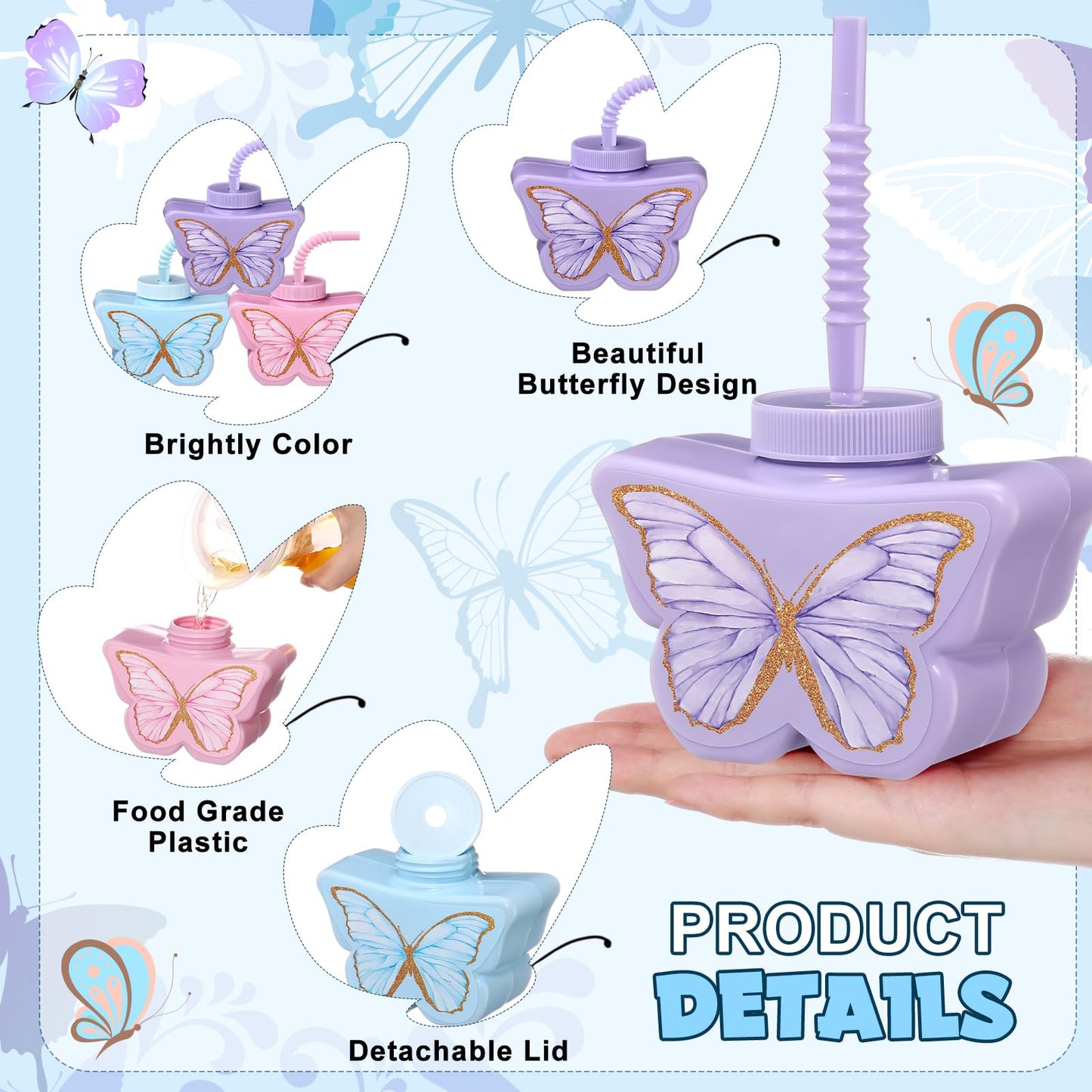 Mifoci 24 Pcs Butterfly Shape Cups Bulk, 10 oz Plastic Butterfly Themed Drinking Cups Pink and Purple Tea Party Supplies Fairy Birthday Party Decoration for Girls Wedding Baby Shower Favor