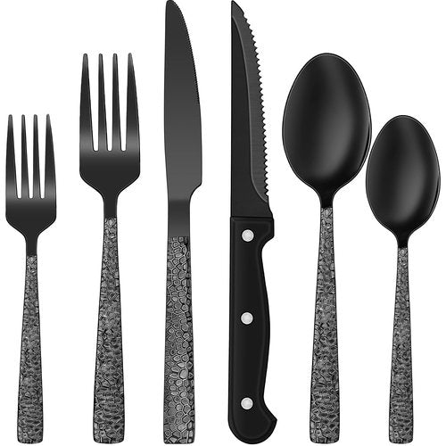 EWFEN 24-Piece Black Silverware Set with Steak Knives, Black Flatware Set for 4, Food-Grade Stainless Steel Tableware Cutlery Set, Mirror Finished Utensil Sets for Home Restaurant, Hammered Edge