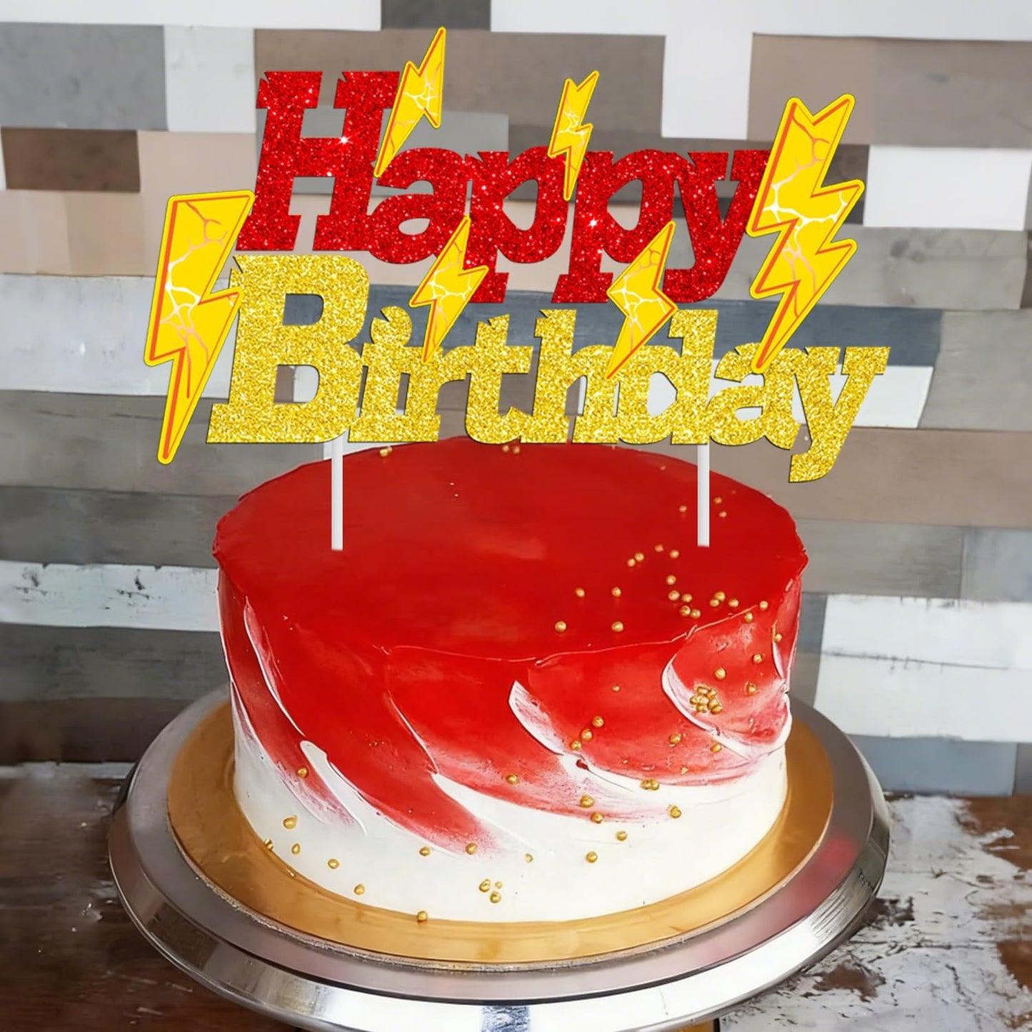 Lightning Bolt Birthday Cake Topper - Glitter Gold & Red Lightning Design | Perfect for Parties & Baby Showers