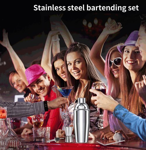 Cocktail Shaker Set, 24 oz, Stainless Steel, with Built-in Strainer, Jigger and Straws