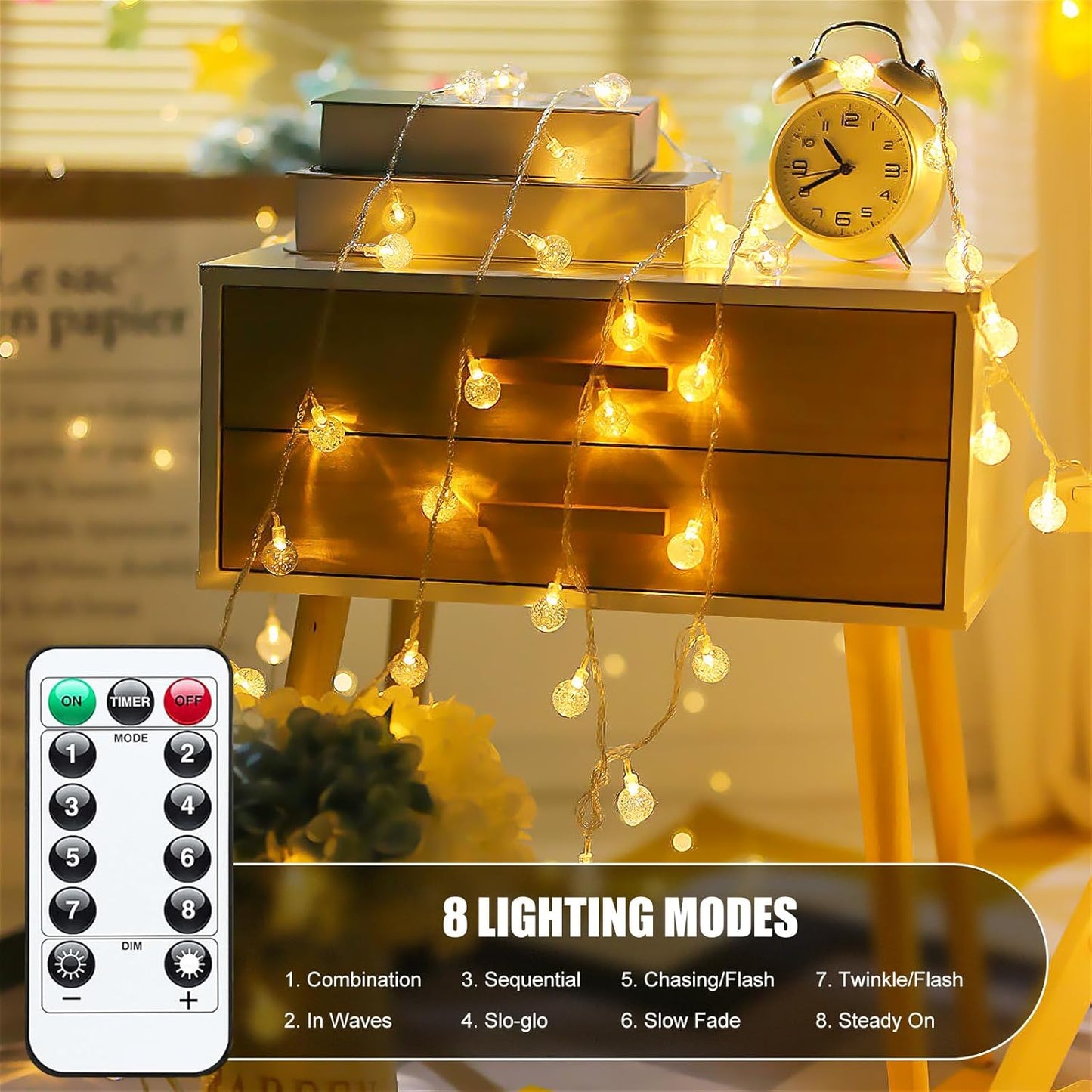 Minetom Crystal Globe String Lights - 30 LED Battery Operated Fairy Lights with Remote, 17 ft, Waterproof for Indoor/Outdoor Decor