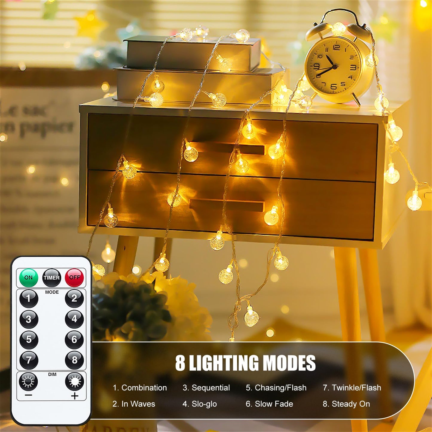 Minetom Crystal Globe String Lights Battery Operated - 33 ft 60 LED Globe Fairy Lights with Remote and 8 Modes, Waterproof for Bedroom Tent Loft Camping Porch Patio Party Wedding Decor, Warm White