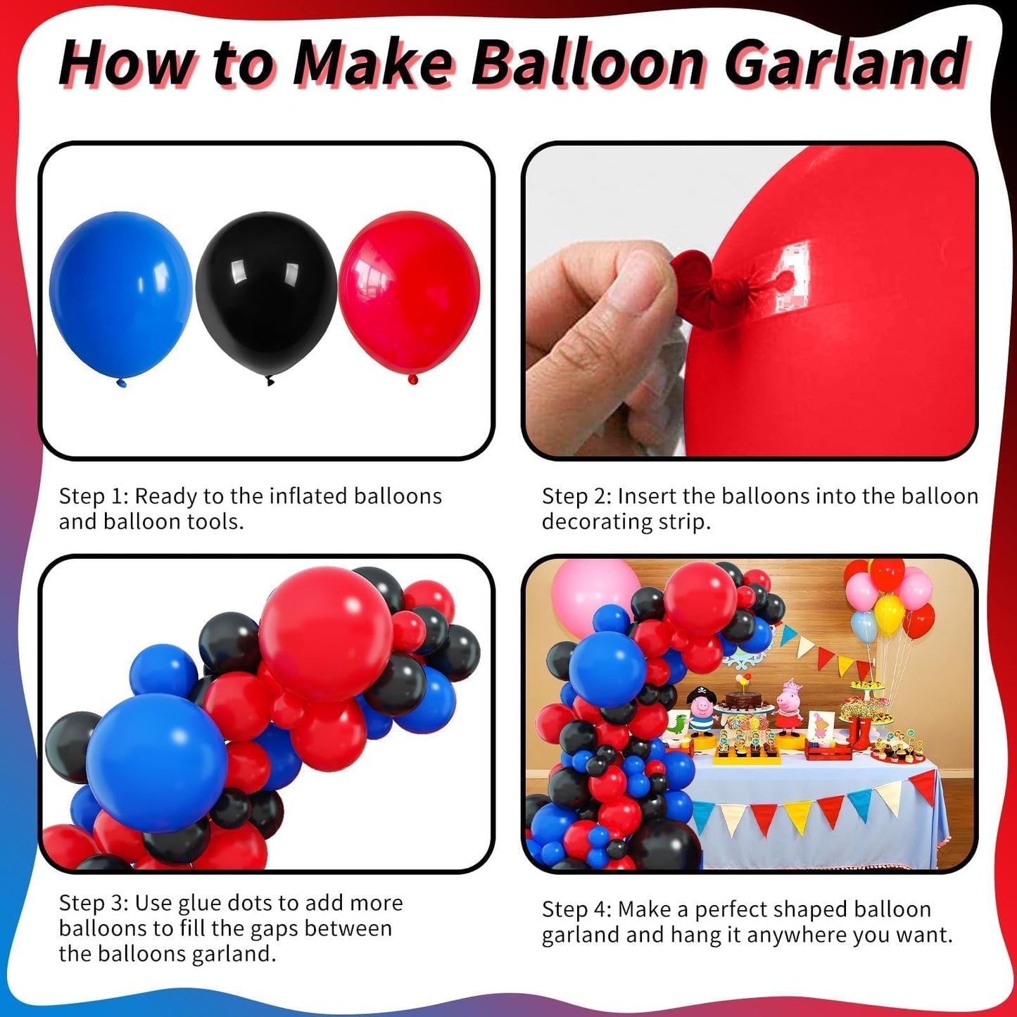 Red Blue Black Balloon Arch Garland Kit, 101 Pcs Matte Red Black and Royal Blue Latex Balloon Garland Set for Boys Kids Man Halloween Cool Spider Theme Party Birthday Graduation Party Decorations