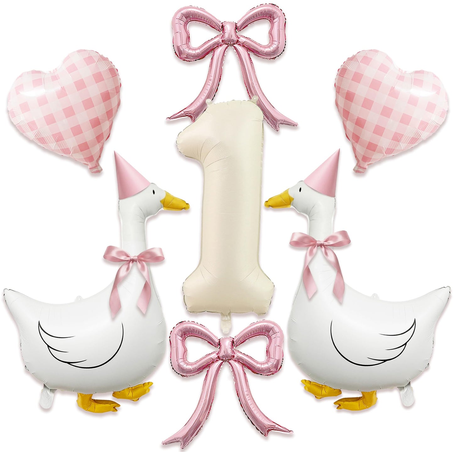 One Silly Goose 1st Birthday Decorations Girl – 40 Inch Number 1 Balloon, Goose Balloons with Pink Bow & Hats, Cute Baby Girl First Birthday Party Supplies