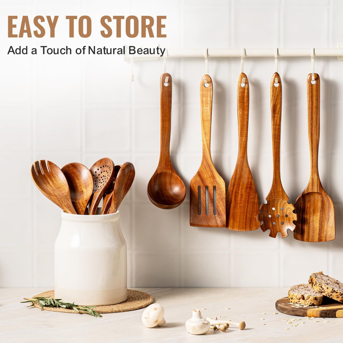 Terlulu 10 Pcs Wooden Spoons for Cooking, Natural Teak Wooden Kitchen Utensils Set, Durable Cooking Utensils Set with Comfort Grip for Cookware, Smooth Finish&NonStick& Heat Resistant Wooden Spatula