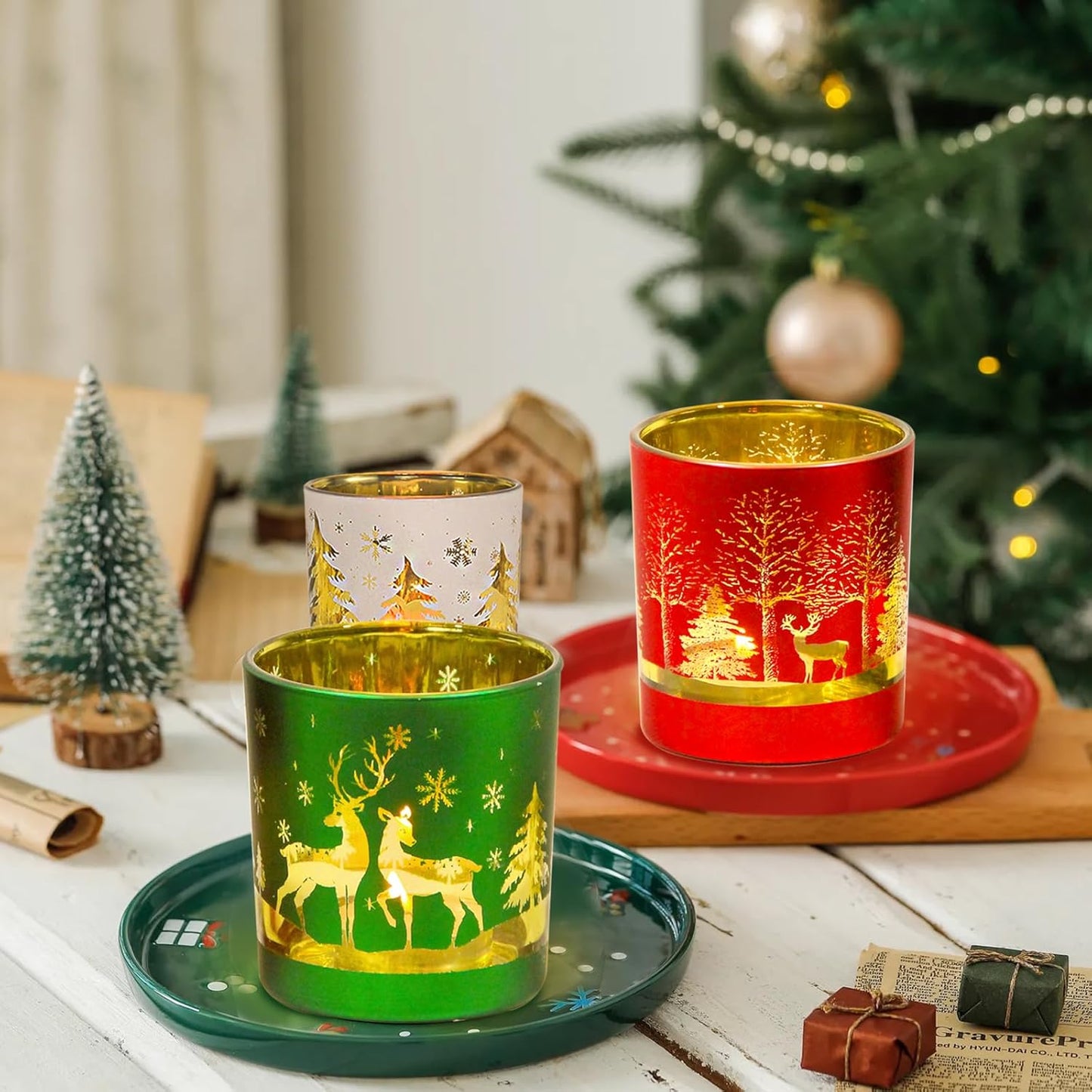 Skiennix Christmas Glass Votive Candle Holders - 6 Pcs Matte Tea Light Holders for Festive Table Décor | 3.15” x 2.75”